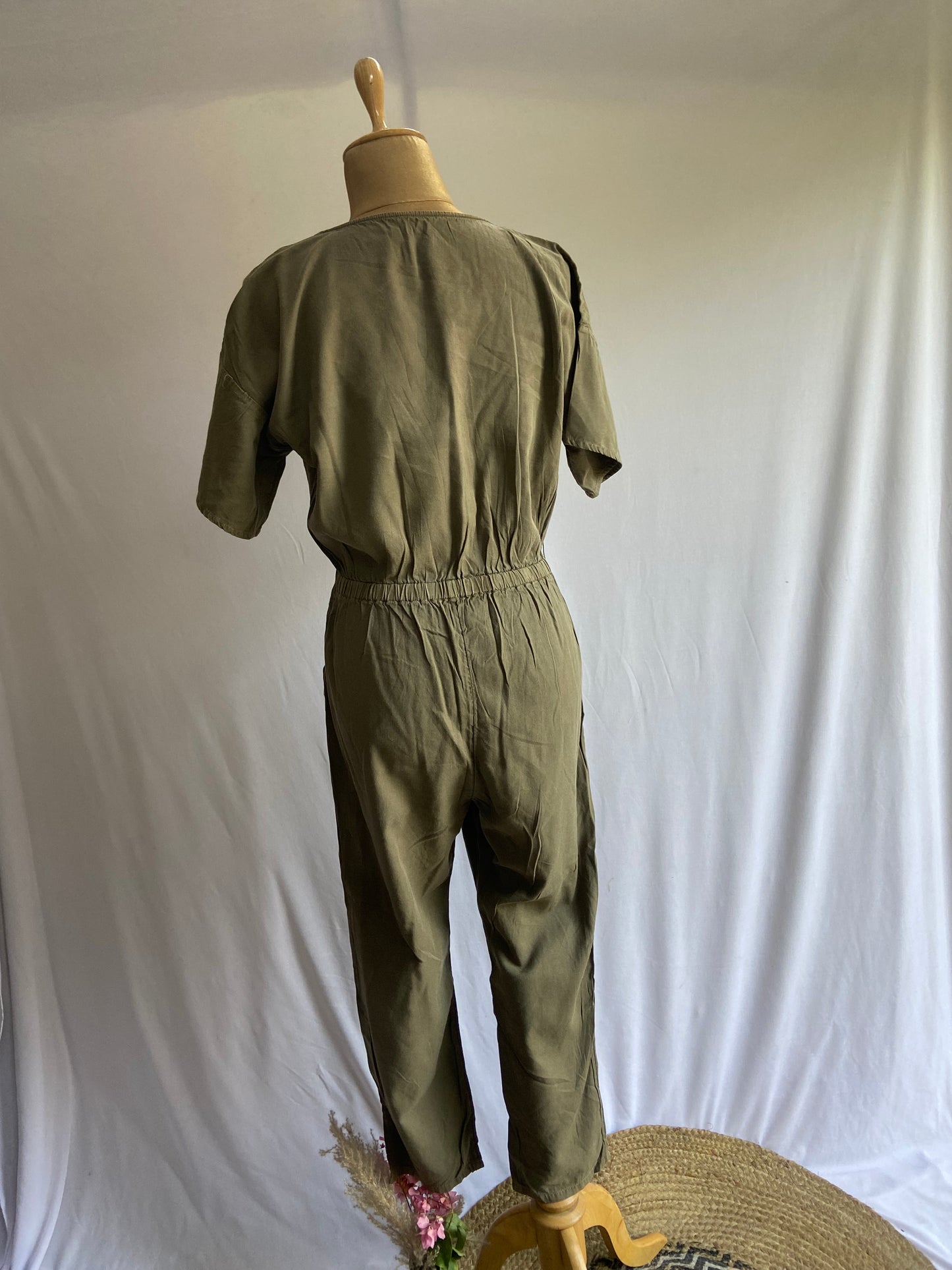 Olive Green Utility Jumpsuit with Elastic Waist and Front Pockets