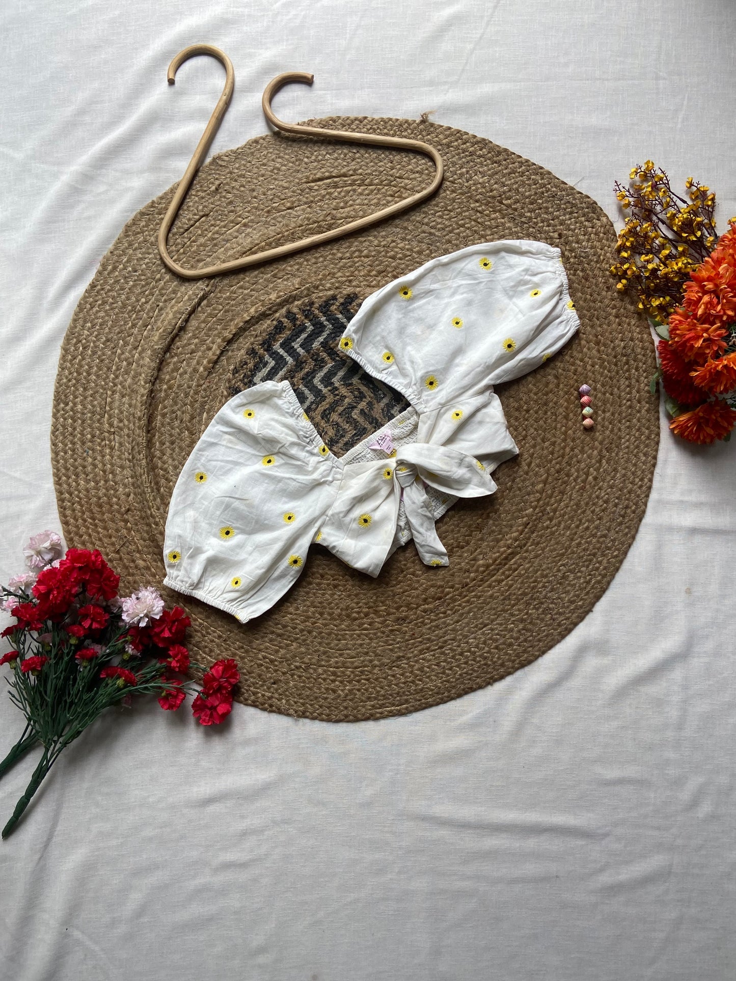 Girls' White Front-Knot Crop Top with Yellow Floral Embroidery