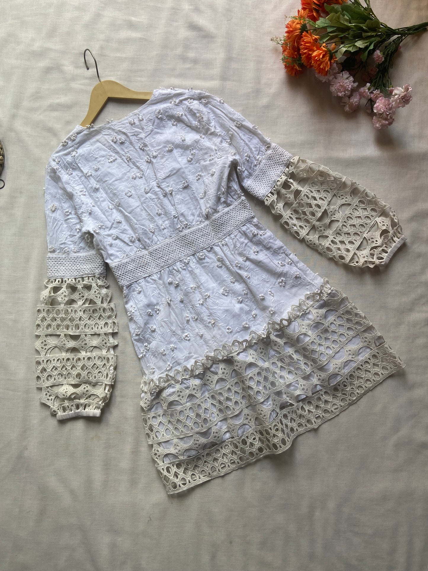 White Embroidered Boho Mini Dress with Crochet Lace Sleeves