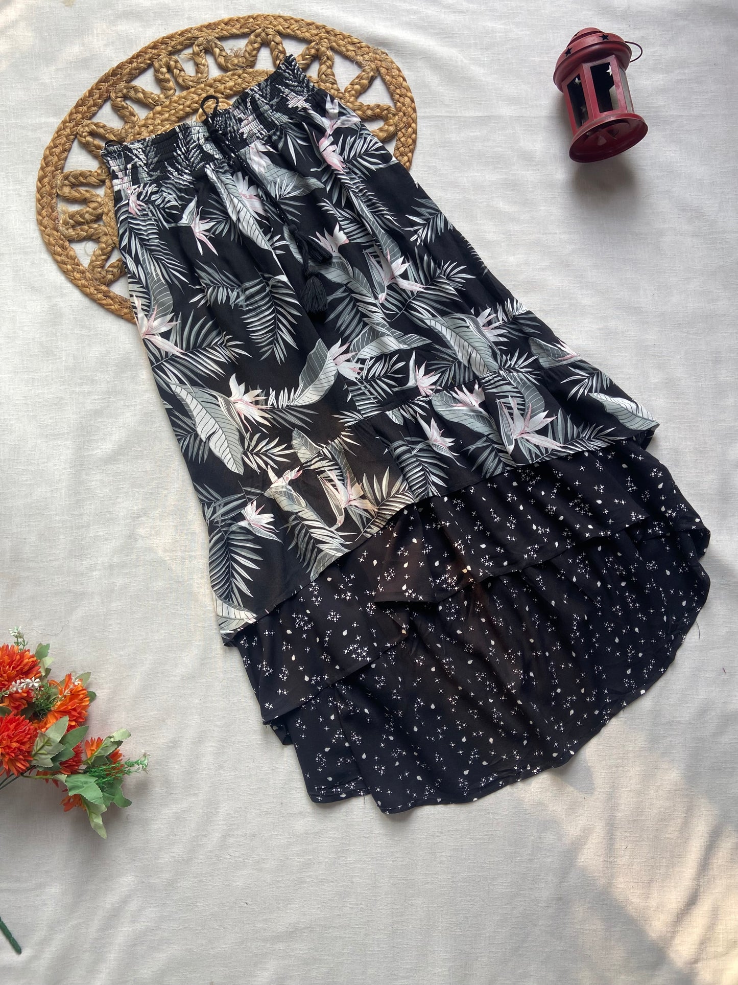 Women’s Black Tropical Print Layered Maxi Skirt