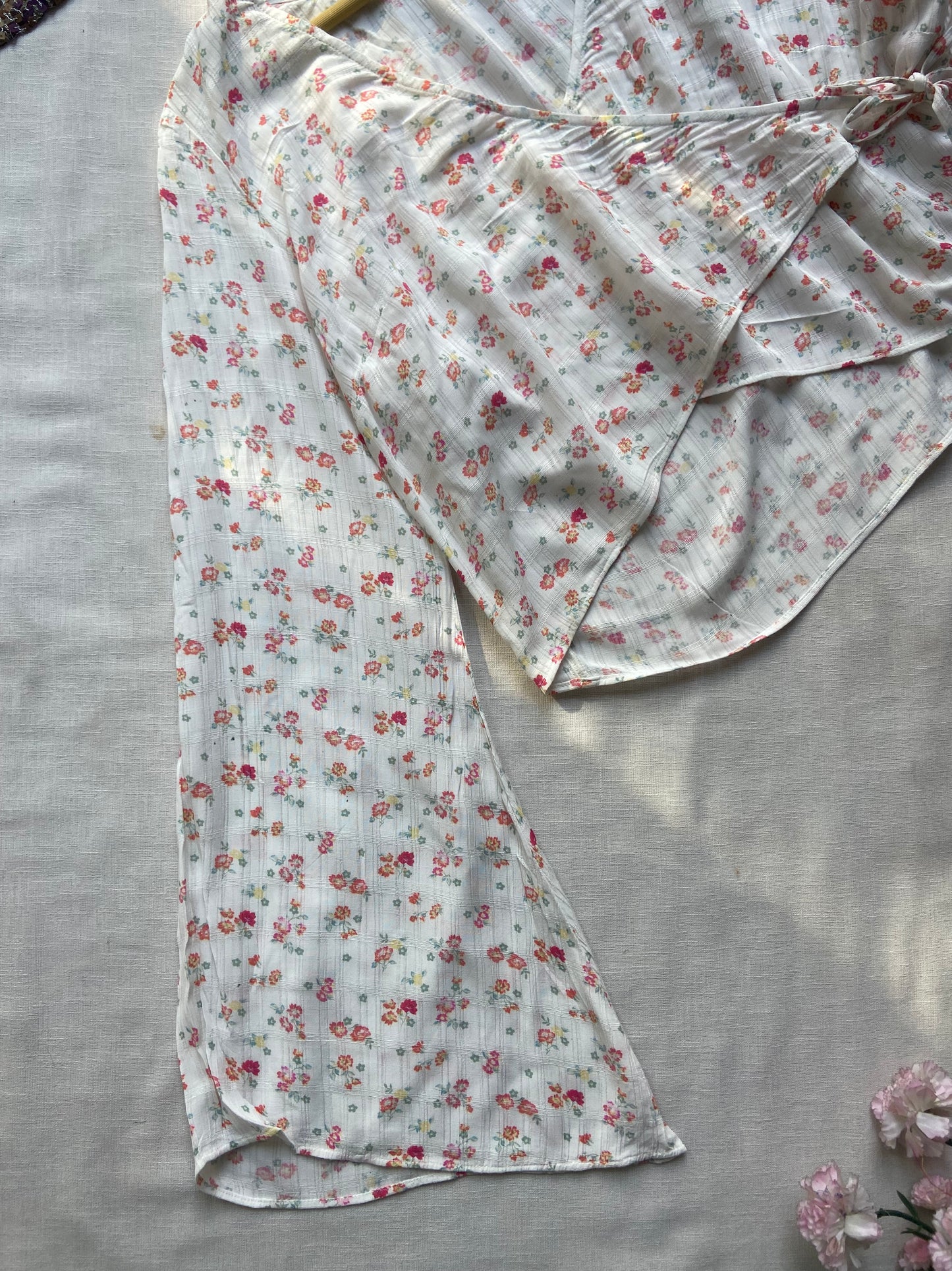 Floral Wrap Top with Flared Sleeves – White & Pink