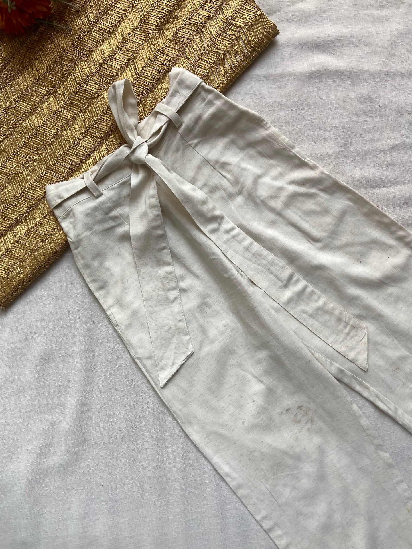 High-Waisted White Linen Pants with Belt