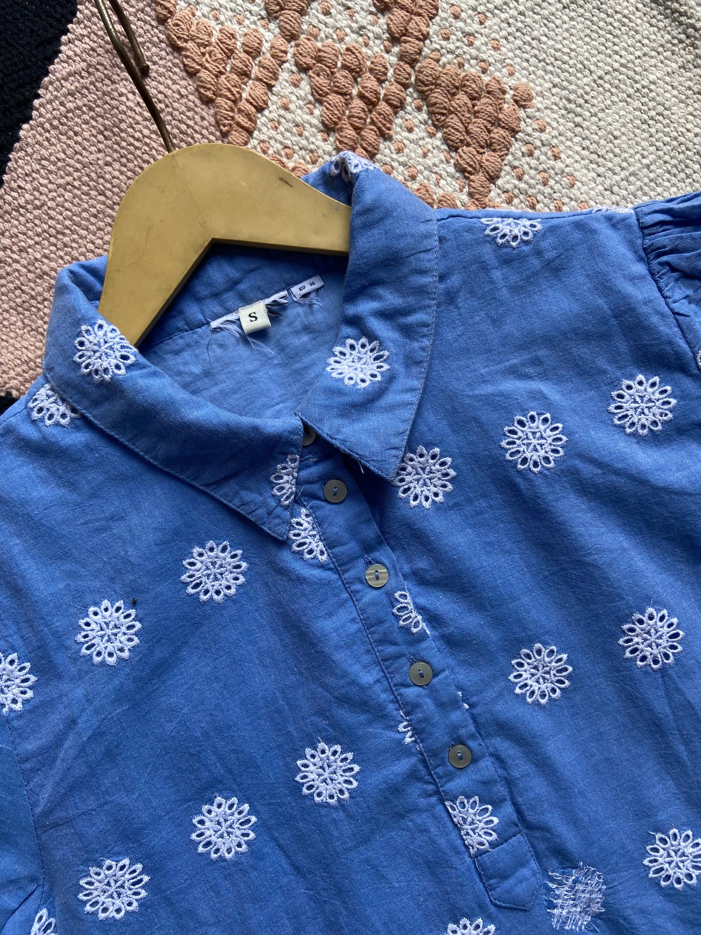 Sky Blue Embroidered Cotton Top with Puff Sleeves