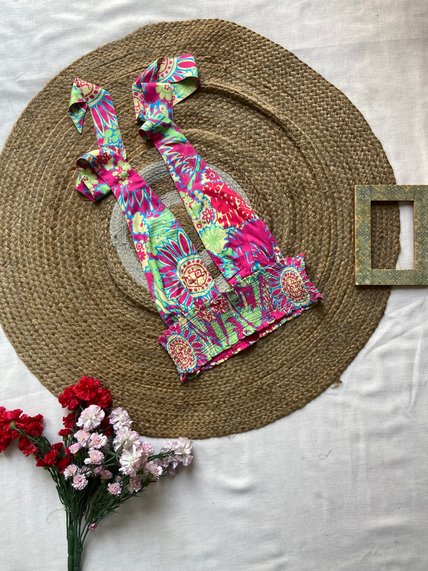 Women's Vibrant Boho Printed Tie-Shoulder Crop Top – Festival Style