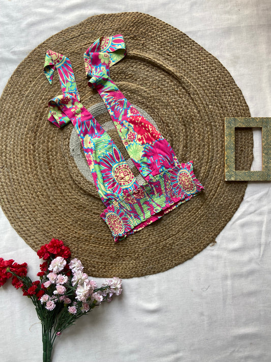 Women's Vibrant Boho Printed Tie-Shoulder Crop Top – Festival Style