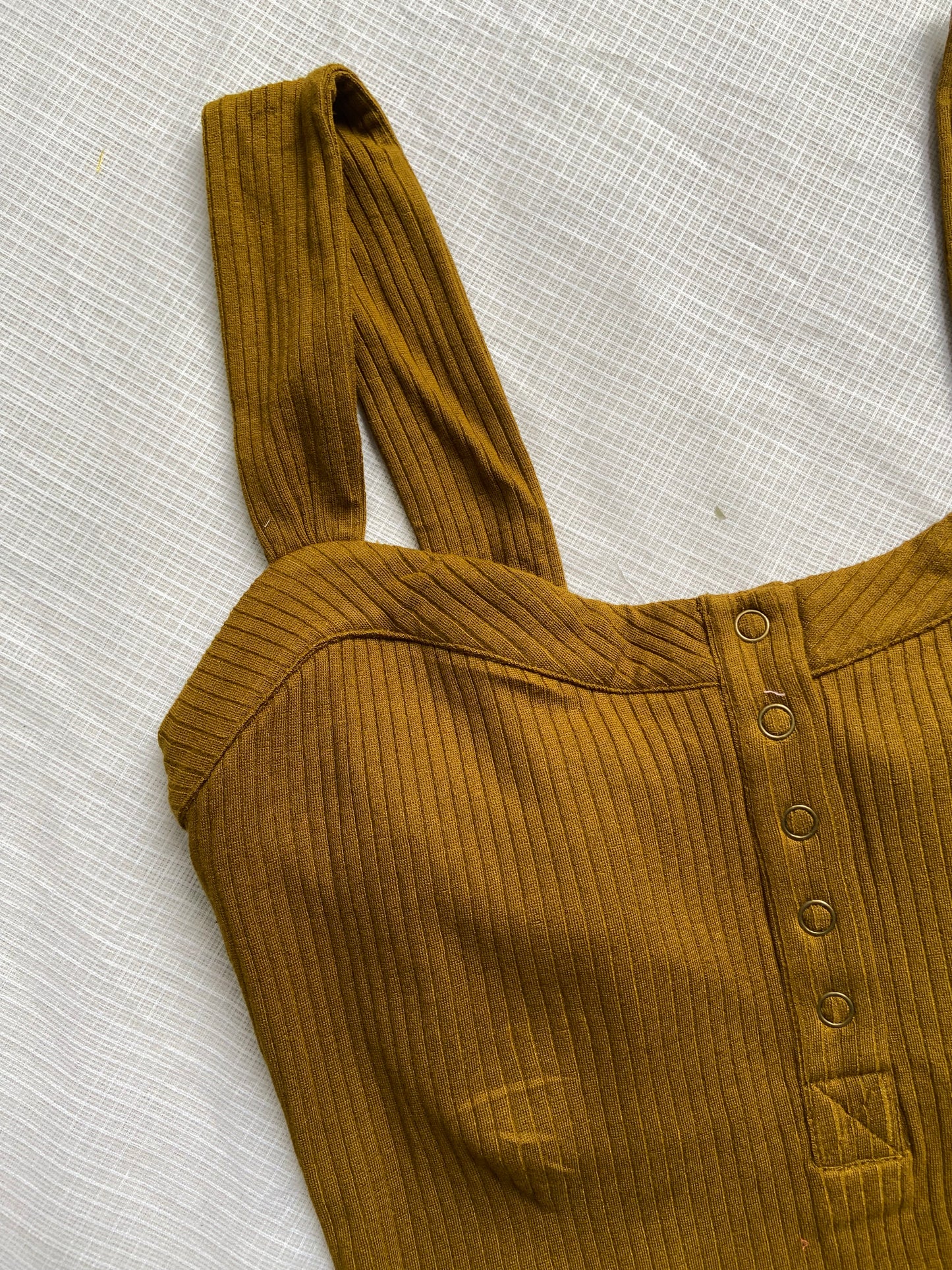 Mustard Ribbed Button-Front Crop Top with Wide Straps