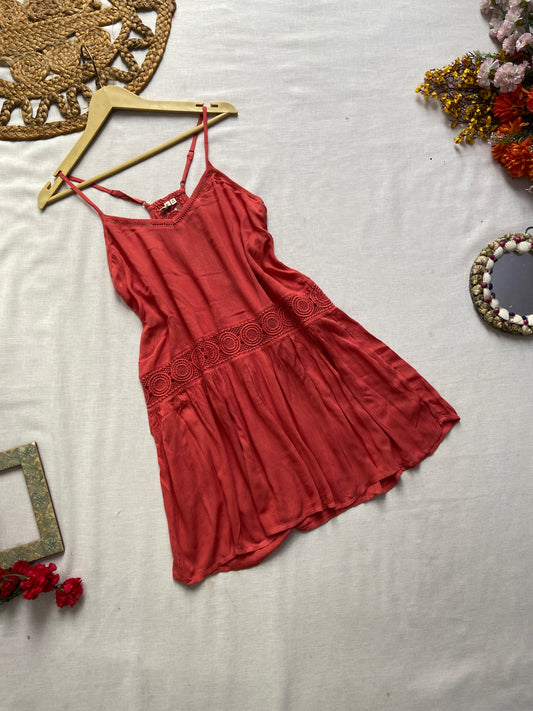 Red Lace Detailed Beach Mini Dress