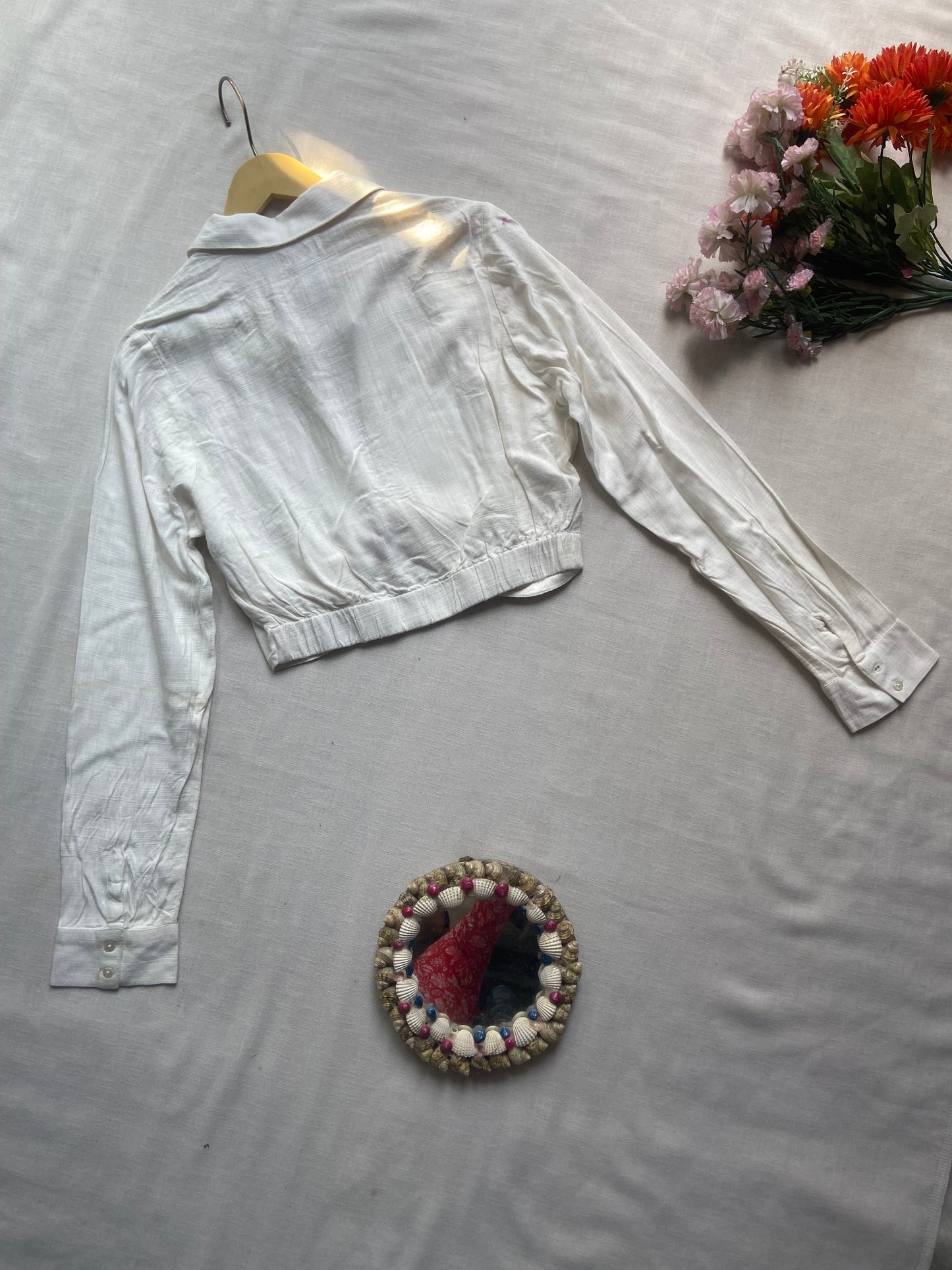 White Collared Twist-Front Crop Shirt