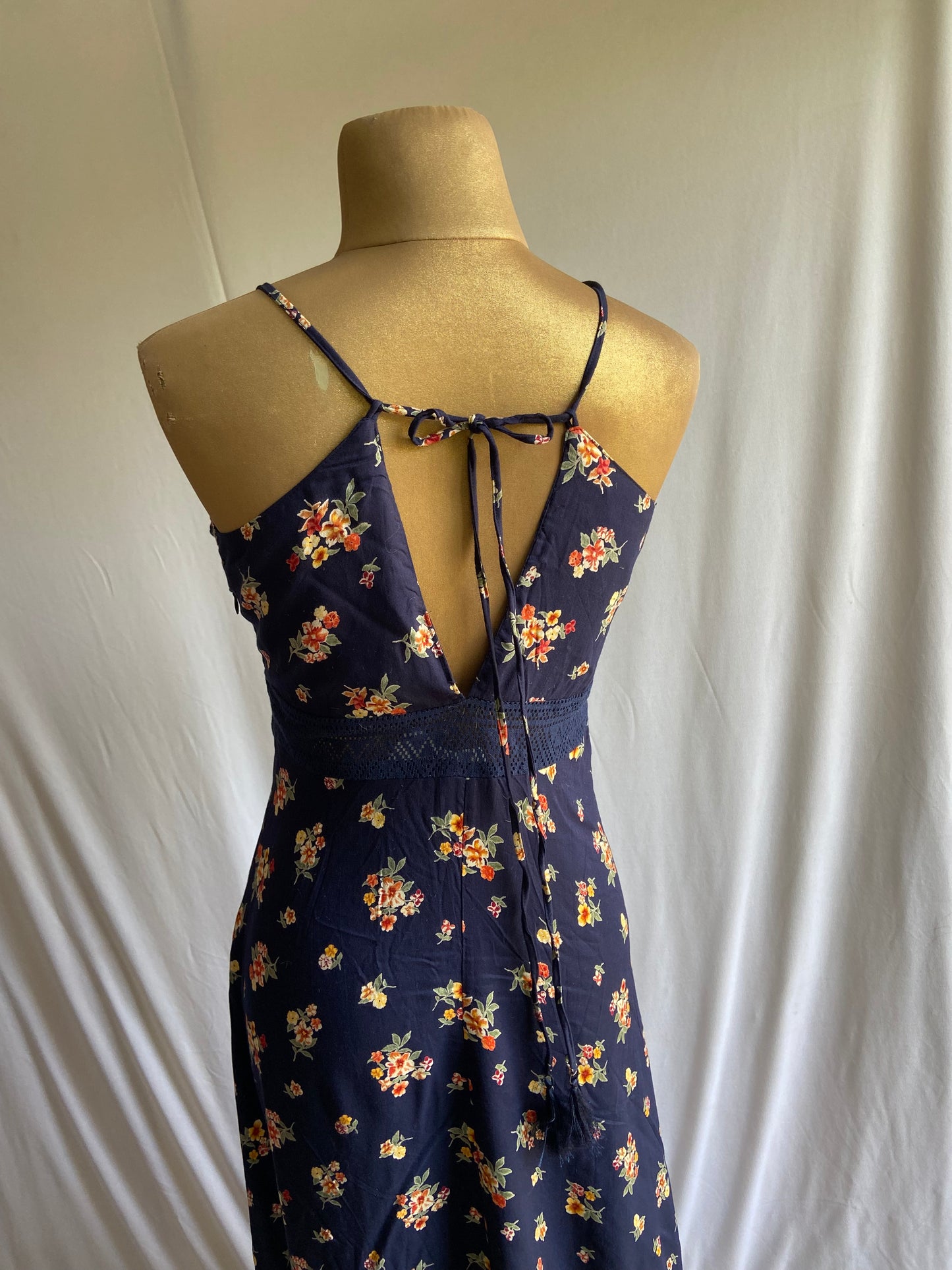 Navy Blue Floral Spaghetti Strap Maxi Dress