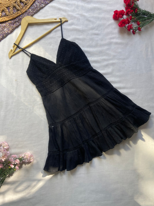 Black Boho Ruffle Hem Spaghetti Strap Dress