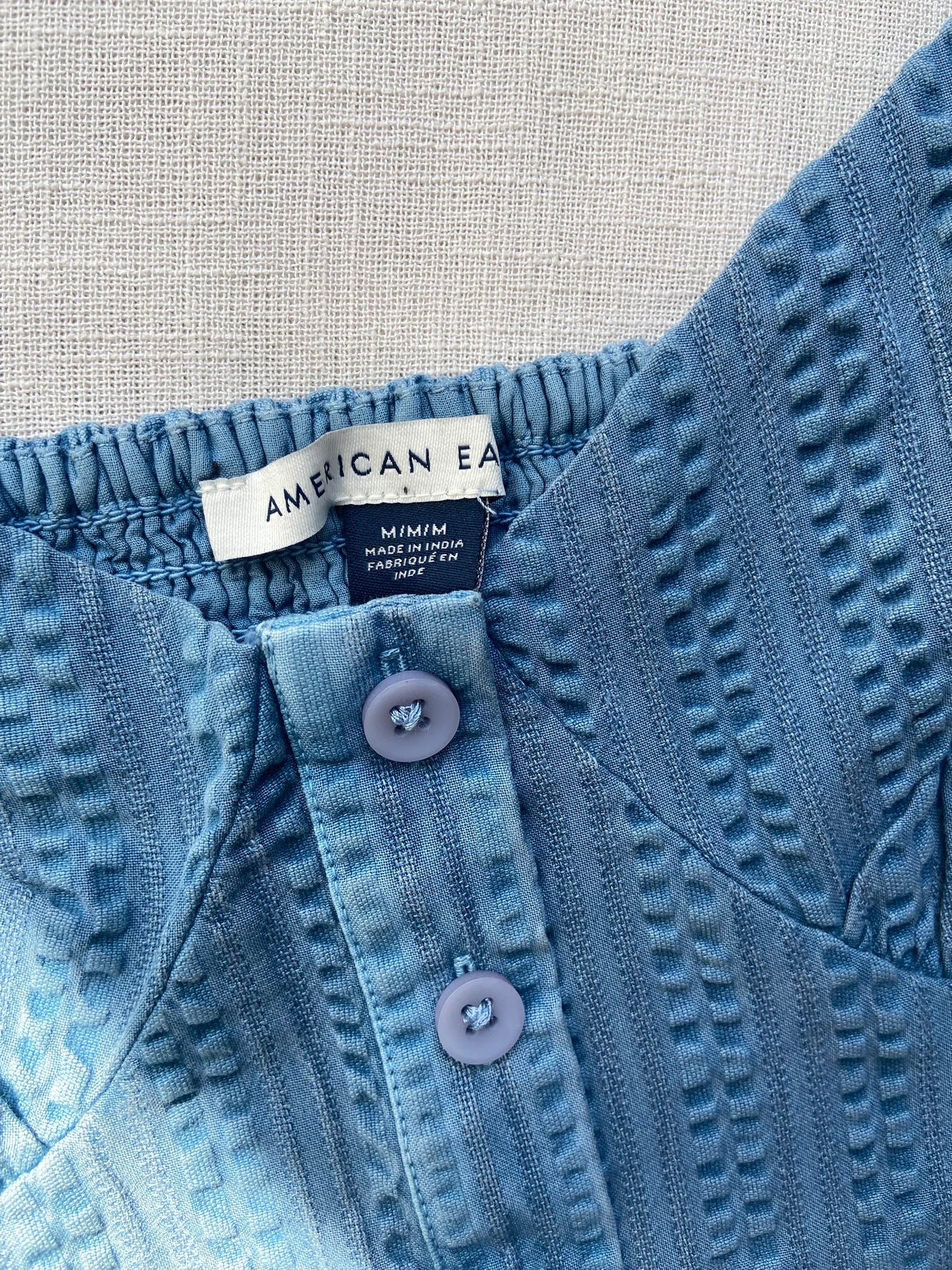 Blue Puff Sleeve Eyelet Button-Up Crop Top