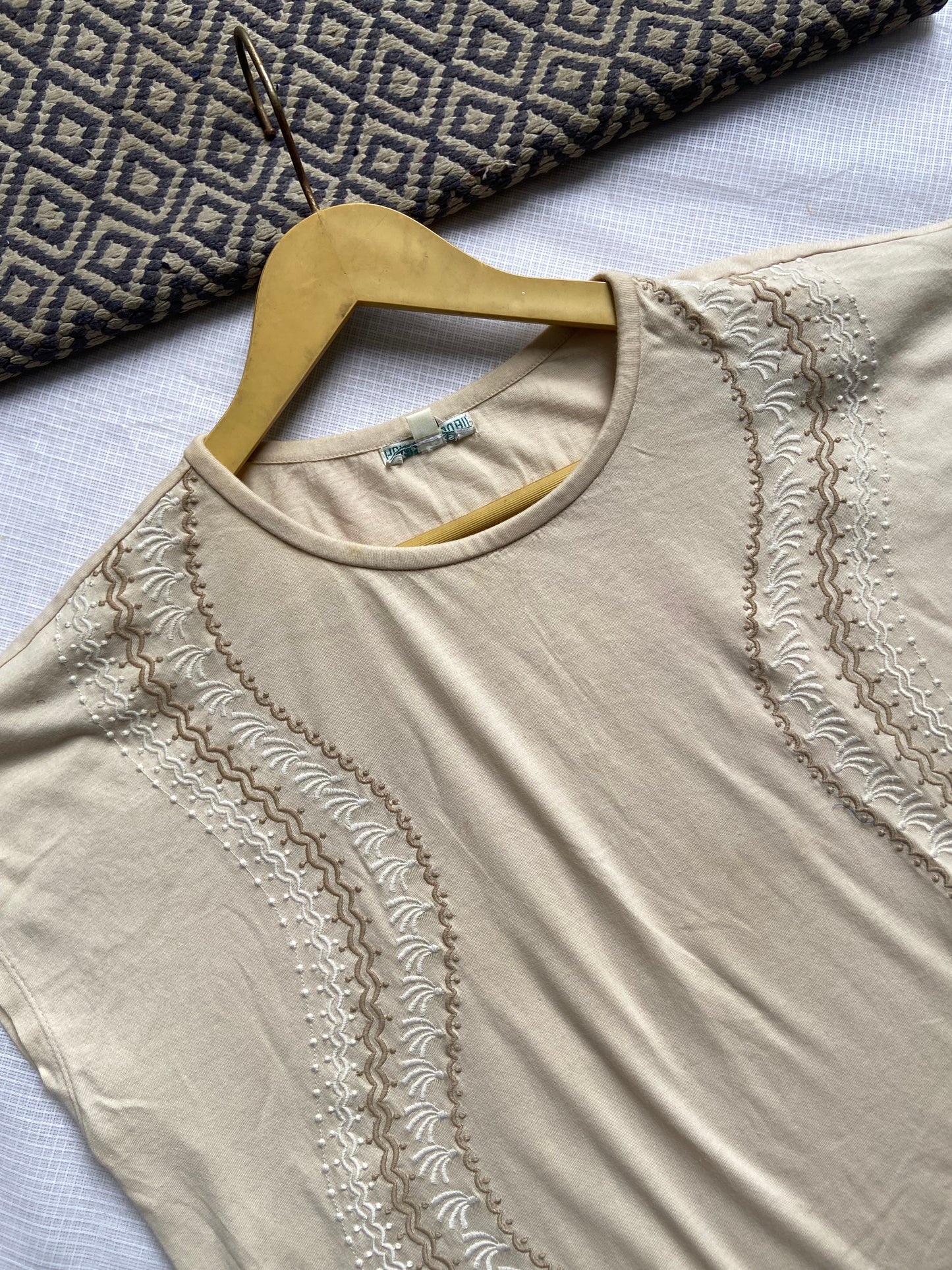 Women's Beige Embroidered Relaxed Fit Cotton T-Shirt