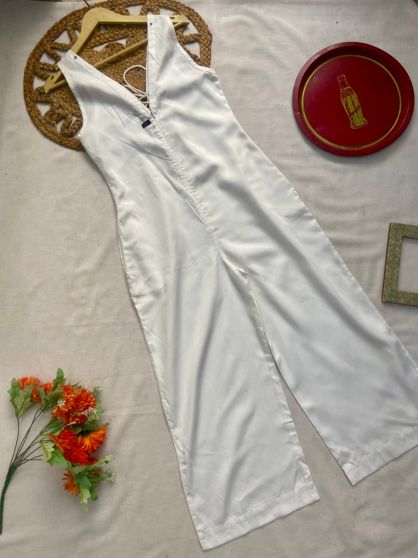 Women's White Sleeveless Lace-Up Jumpsuit