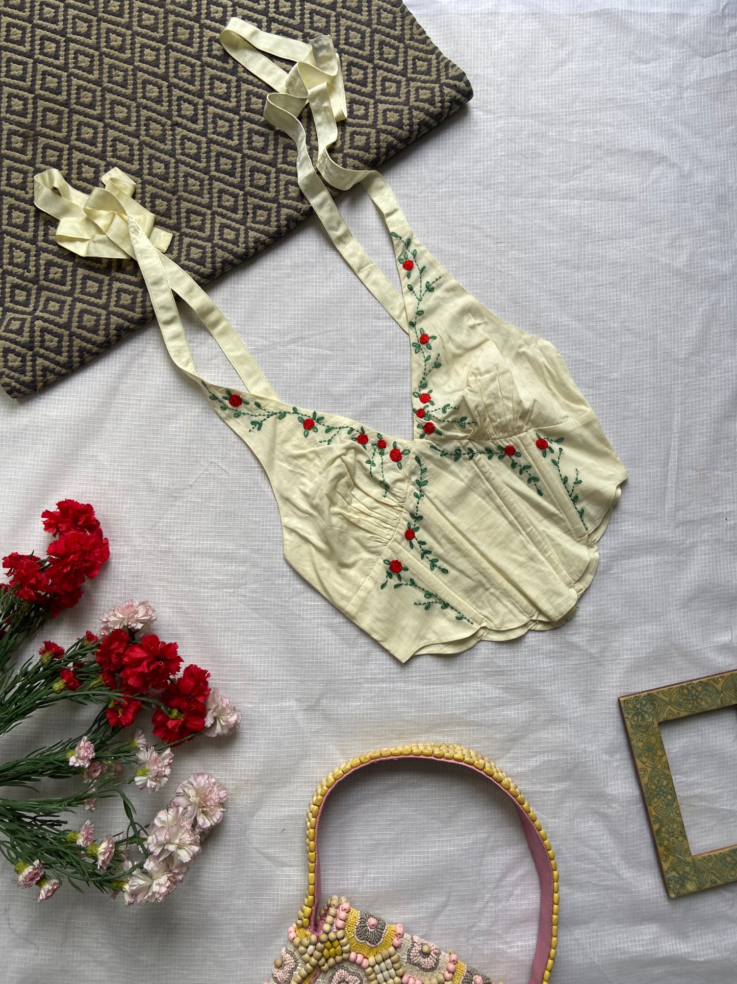 Embroidered Tie-Up Back Sleeveless Crop Top