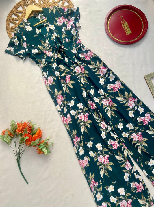 Women’s Green Floral Printed Jumpsuit with Short Sleeves