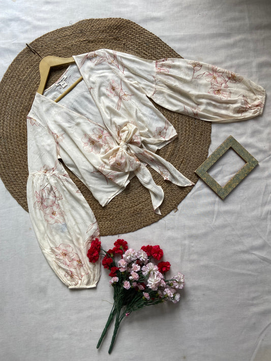 Floral Satin Tie-Front Wrap Top