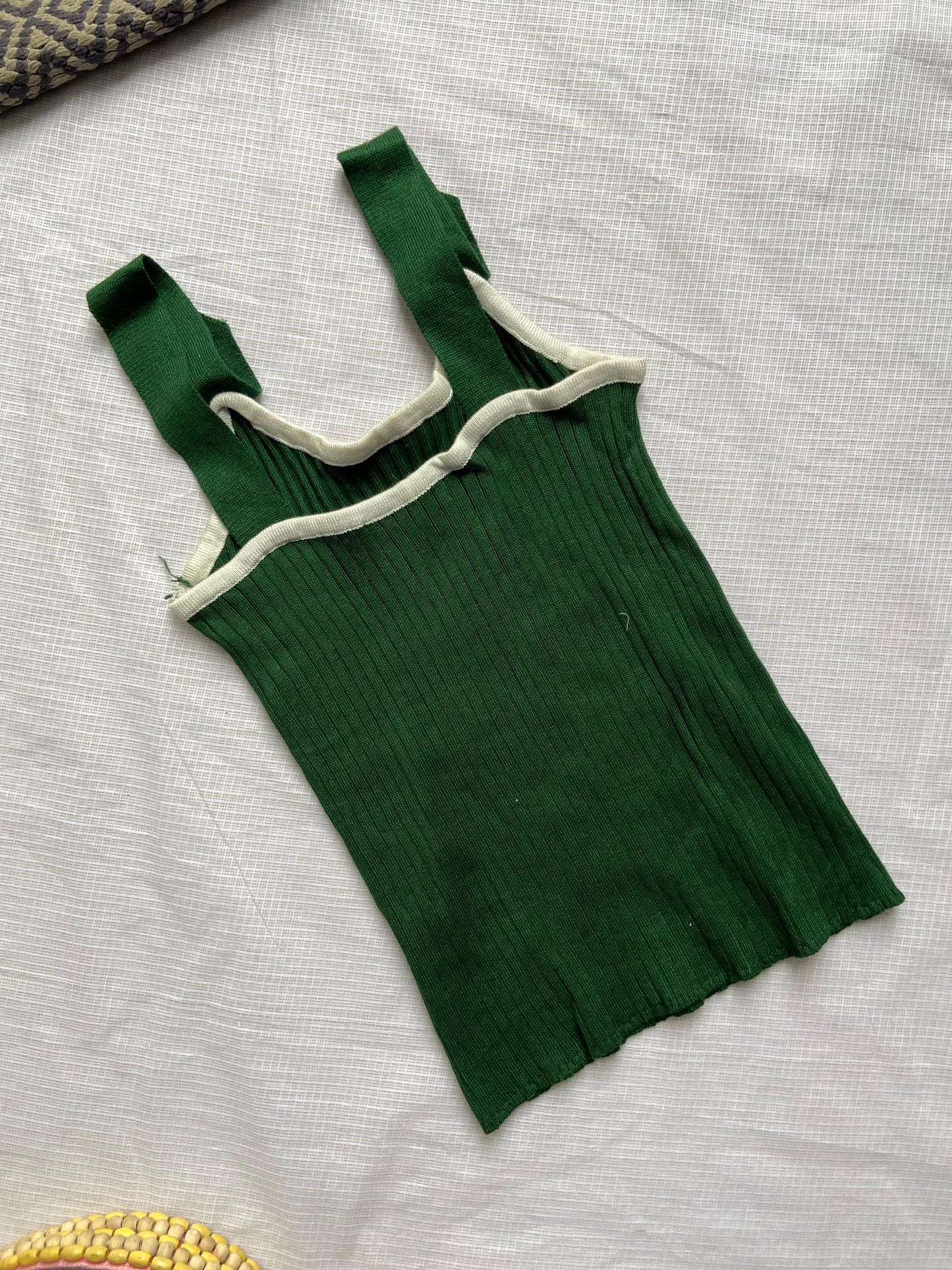 Green Ribbed Knit Tank Top with Button Straps