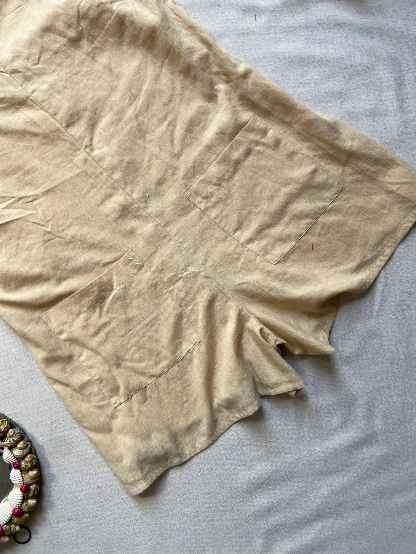 Beige Cotton Linen Playsuit with Rope Straps