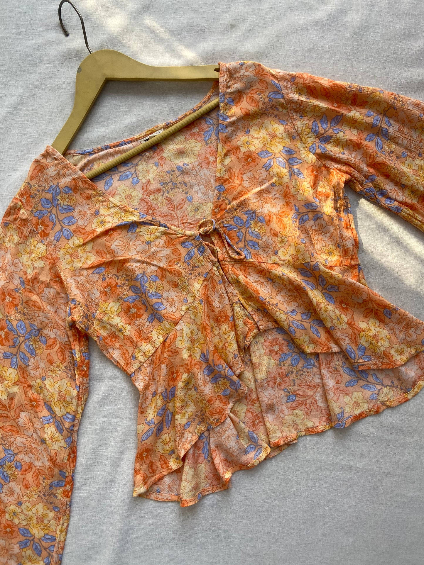 Floral Sheer Bell Sleeve Tie-Front Blouse