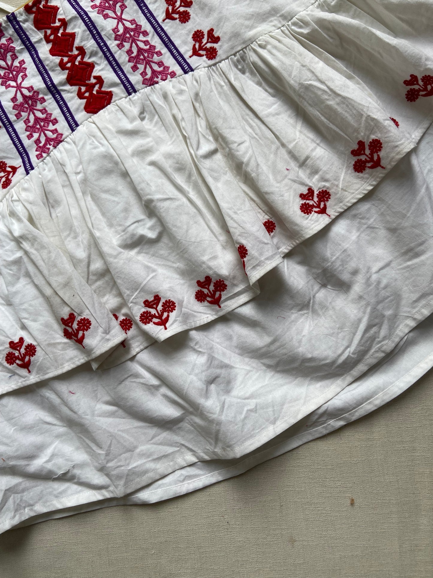 White Sleeveless Tiered Top with Red Embroidery