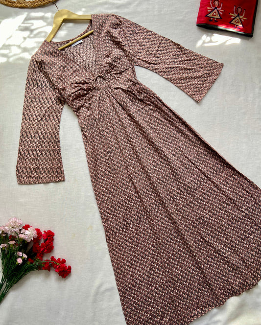 Beige Printed V Neck Midi Dress