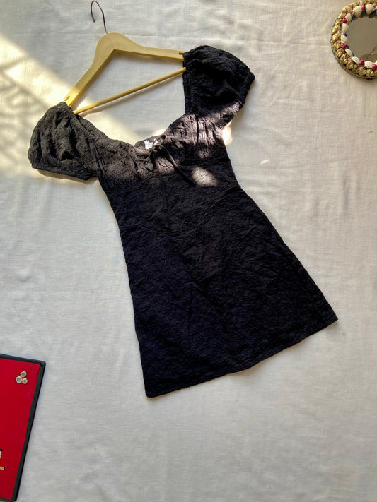 Black Lace Puff Sleeve Mini Dress