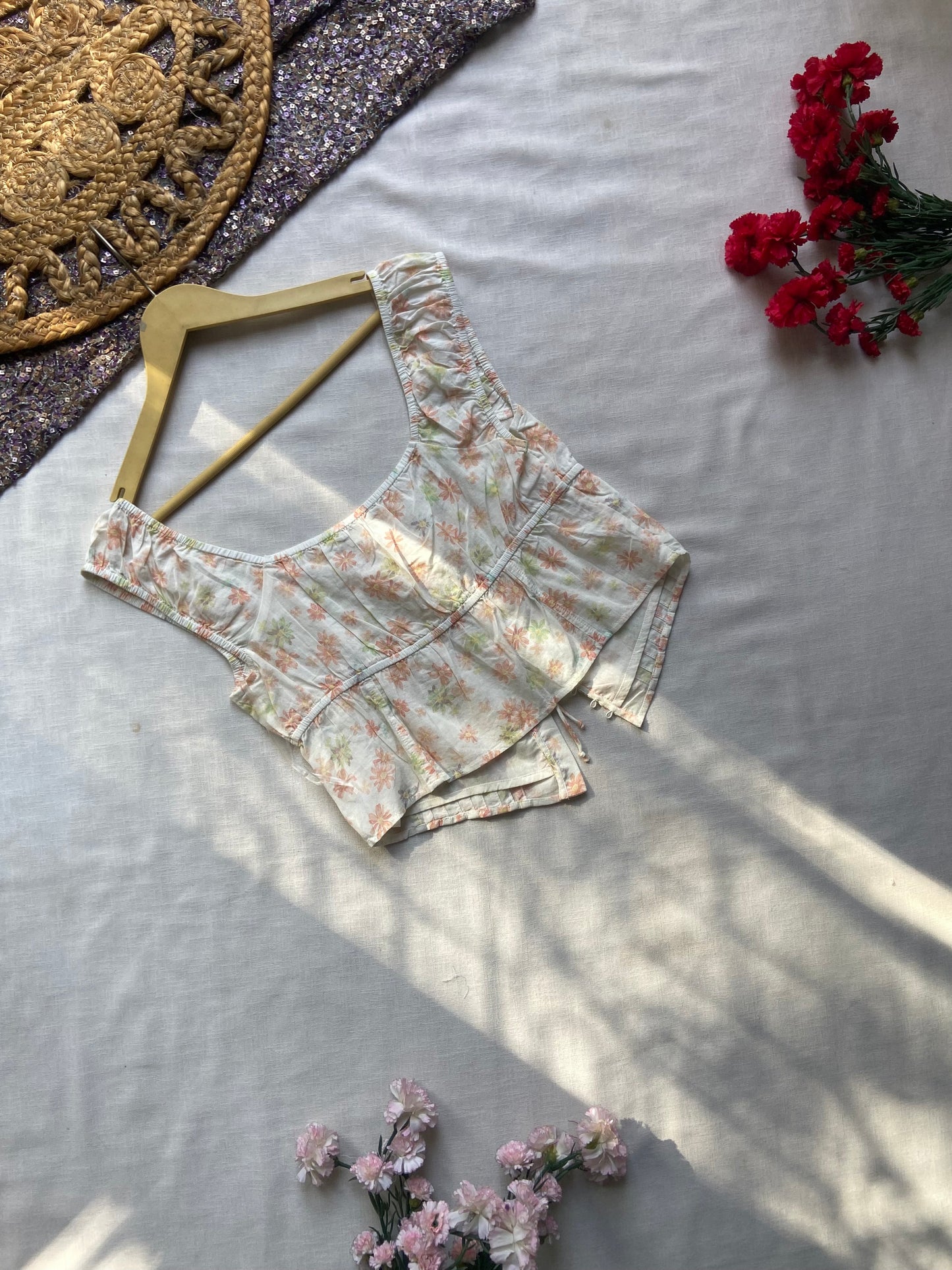 Floral Front-Tie Sleeveless Top – Pastel Peach