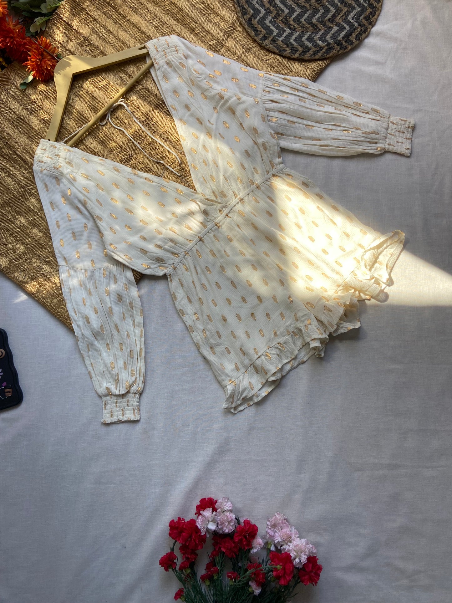 Elegant White Polka Dot Ruffled Romper