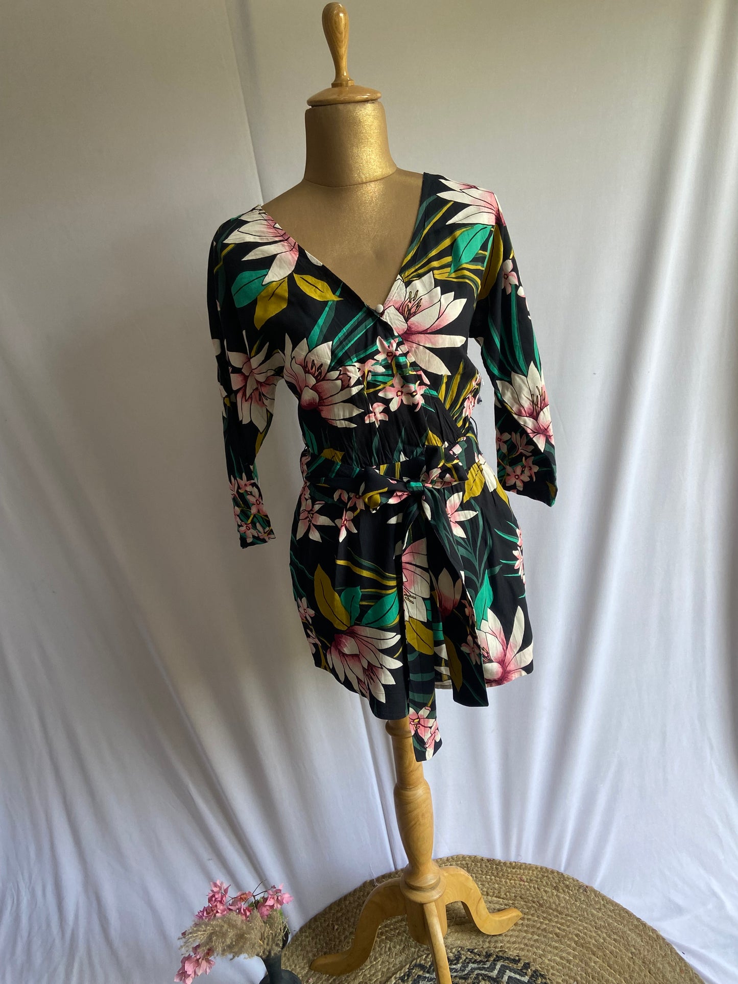 Tropical Floral Print Wrap Dress with Waist Tie and 3/4 Sleeves