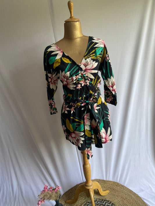 Tropical Floral Print Wrap Dress with Waist Tie and 3/4 Sleeves