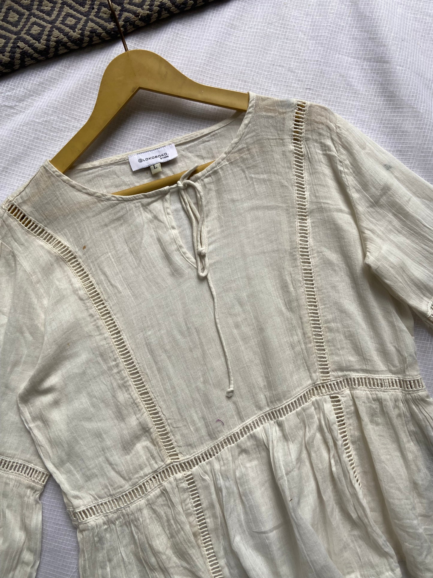 Women's Boho Chic Off-White Cotton Peplum Top with Lace Details