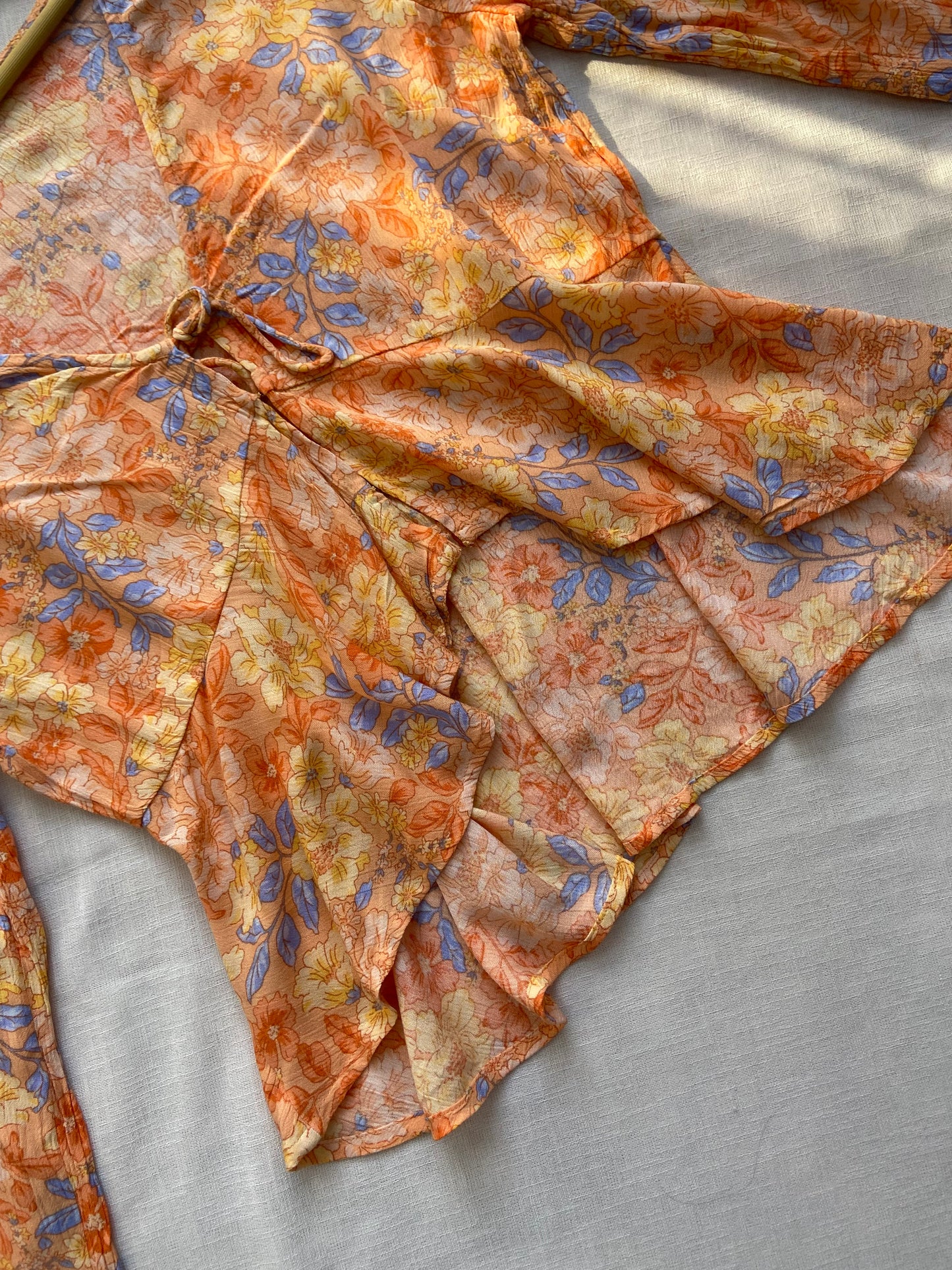 Floral Sheer Bell Sleeve Tie-Front Blouse