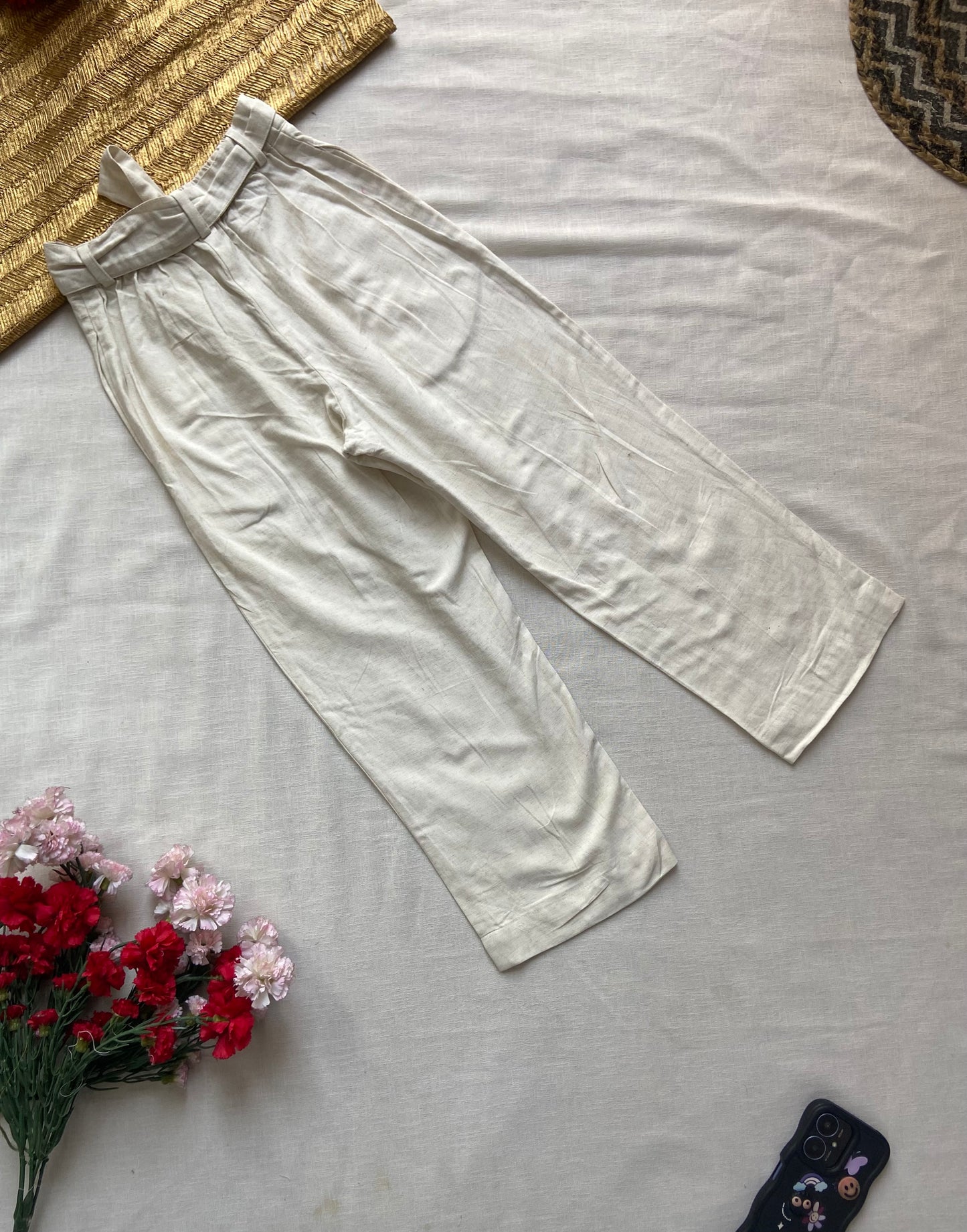 High-Waisted White Linen Pants with Belt
