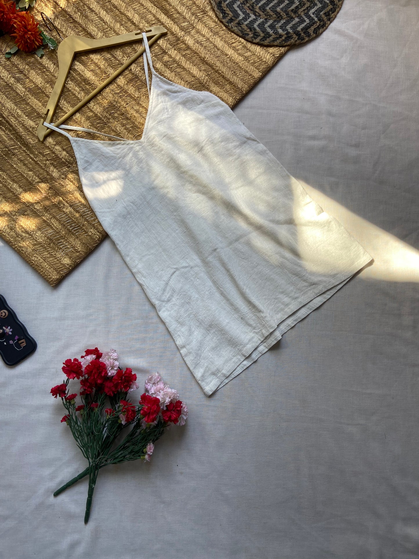 White Linen Spaghetti Strap Slip Dress