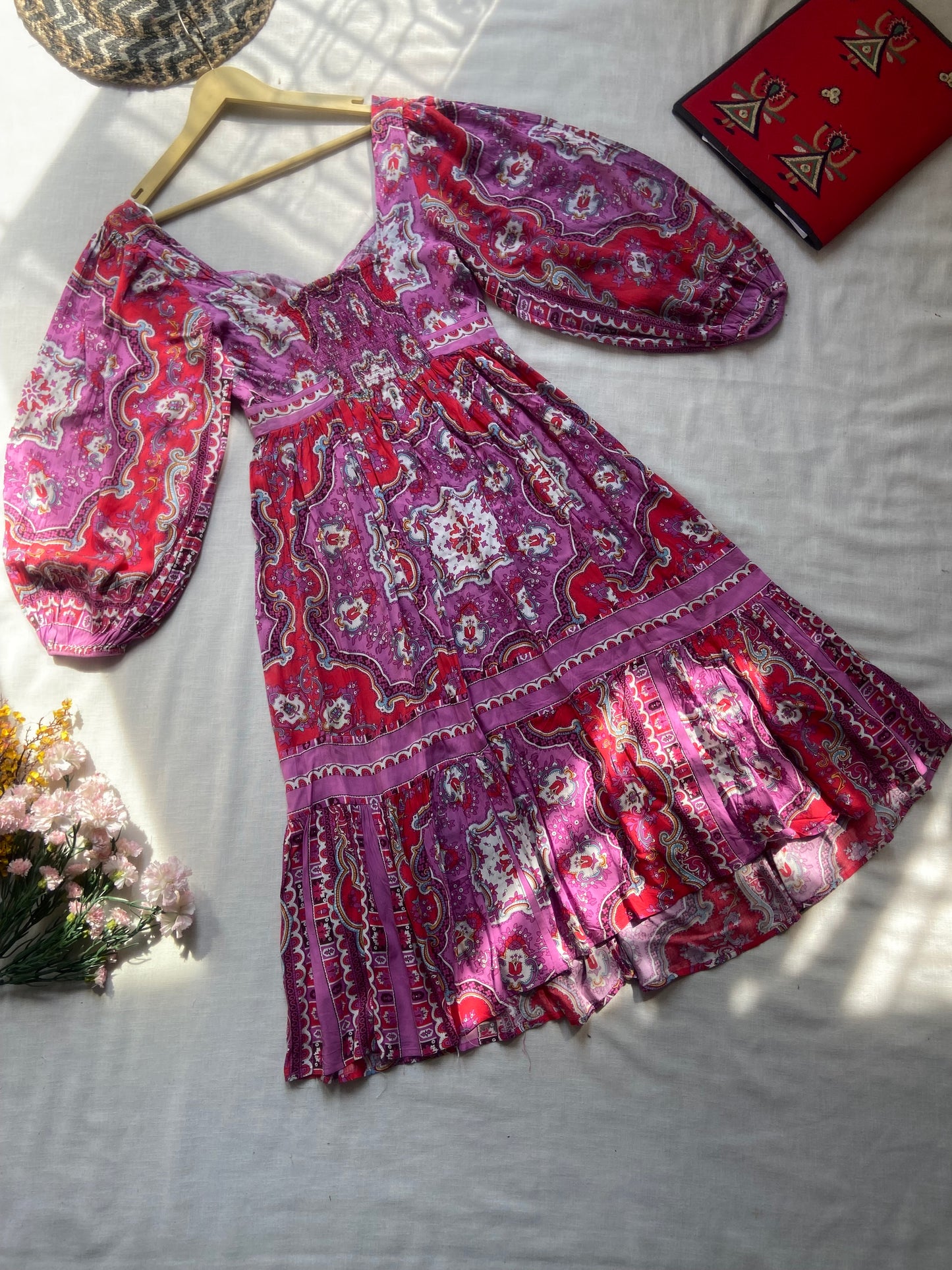 Boho Printed Puff Sleeve Dress – Pink & Red