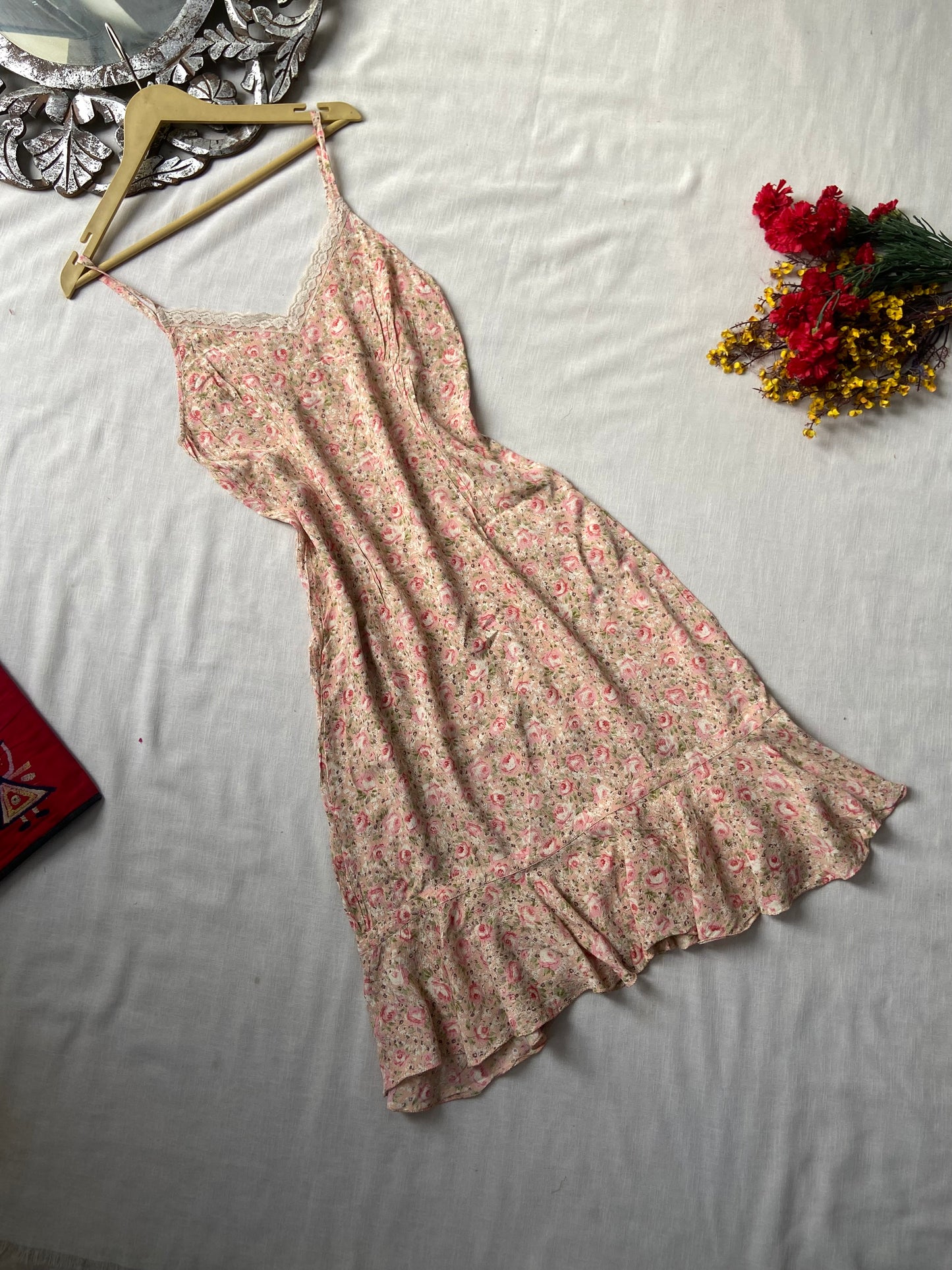 Peach Floral Lace Detailed Midi Dress