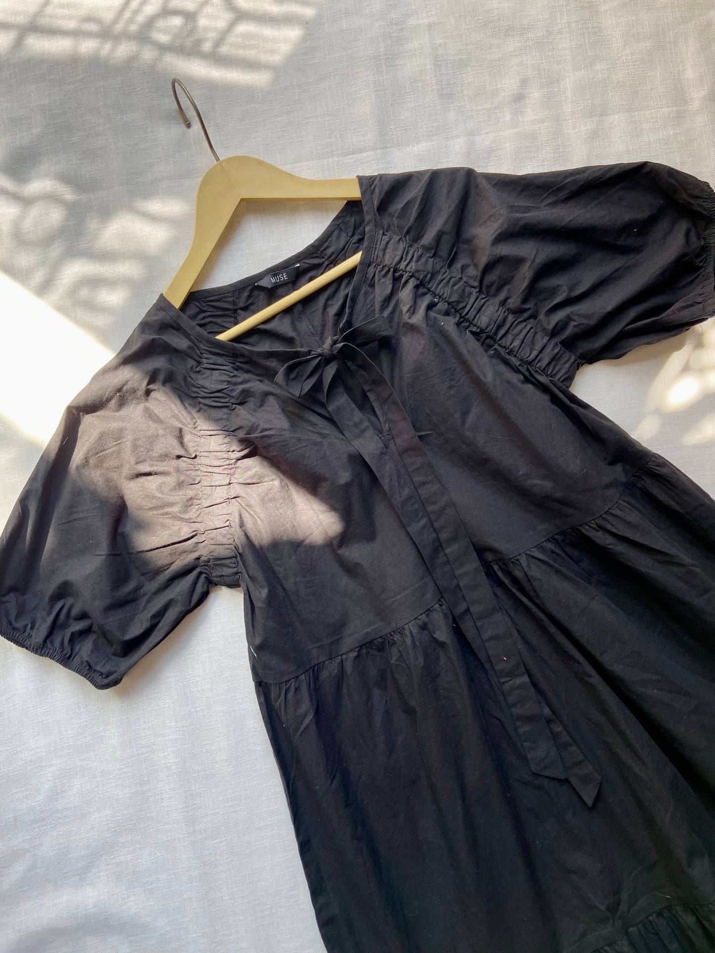 Black Cotton Puff Sleeve Midi Dress