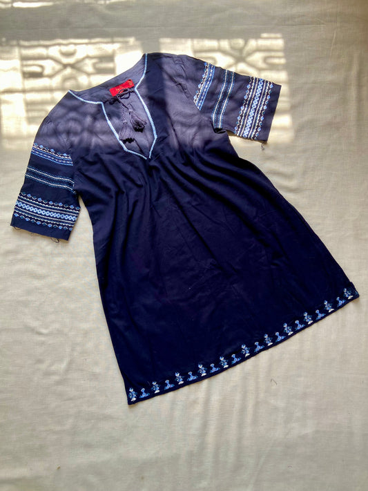 Navy Blue Embroidered Boho Tunic Dress