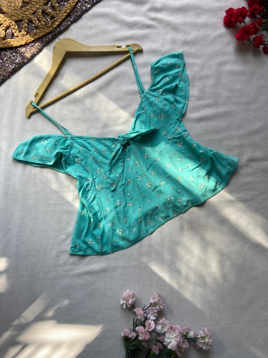 Floral Off-Shoulder Tie-Front Crop Top – Aqua Blue