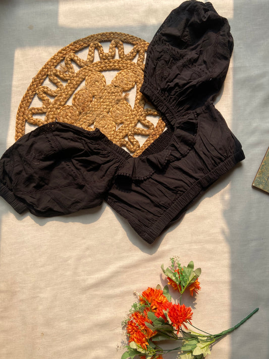Black Cotton Puff Sleeve Embroidered Blouse for Women
