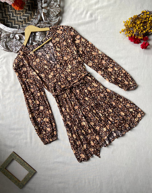 Brown floral wrap mini dress