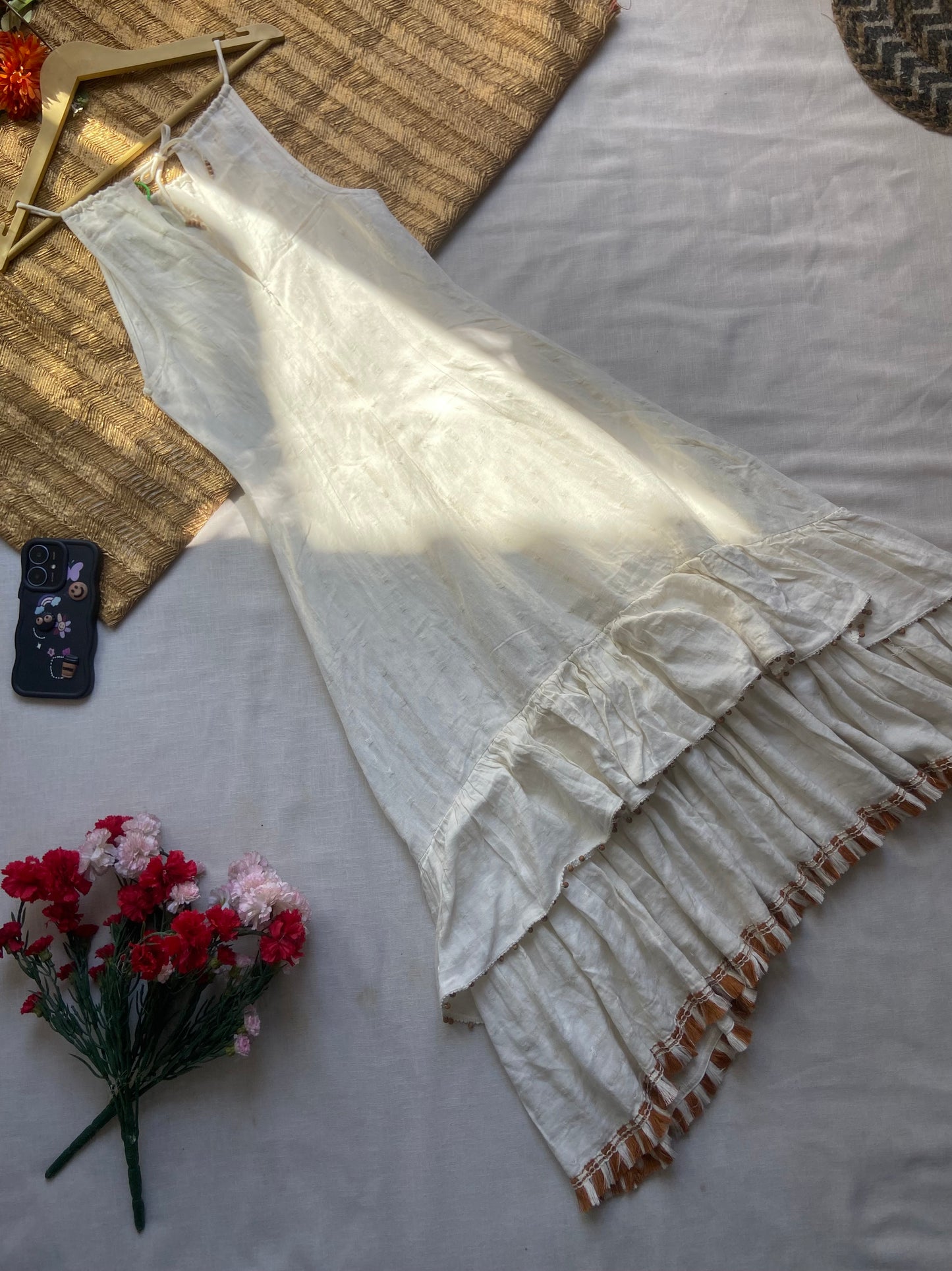 Off-White Ruffled Hem Sleeveless Cotton Dress