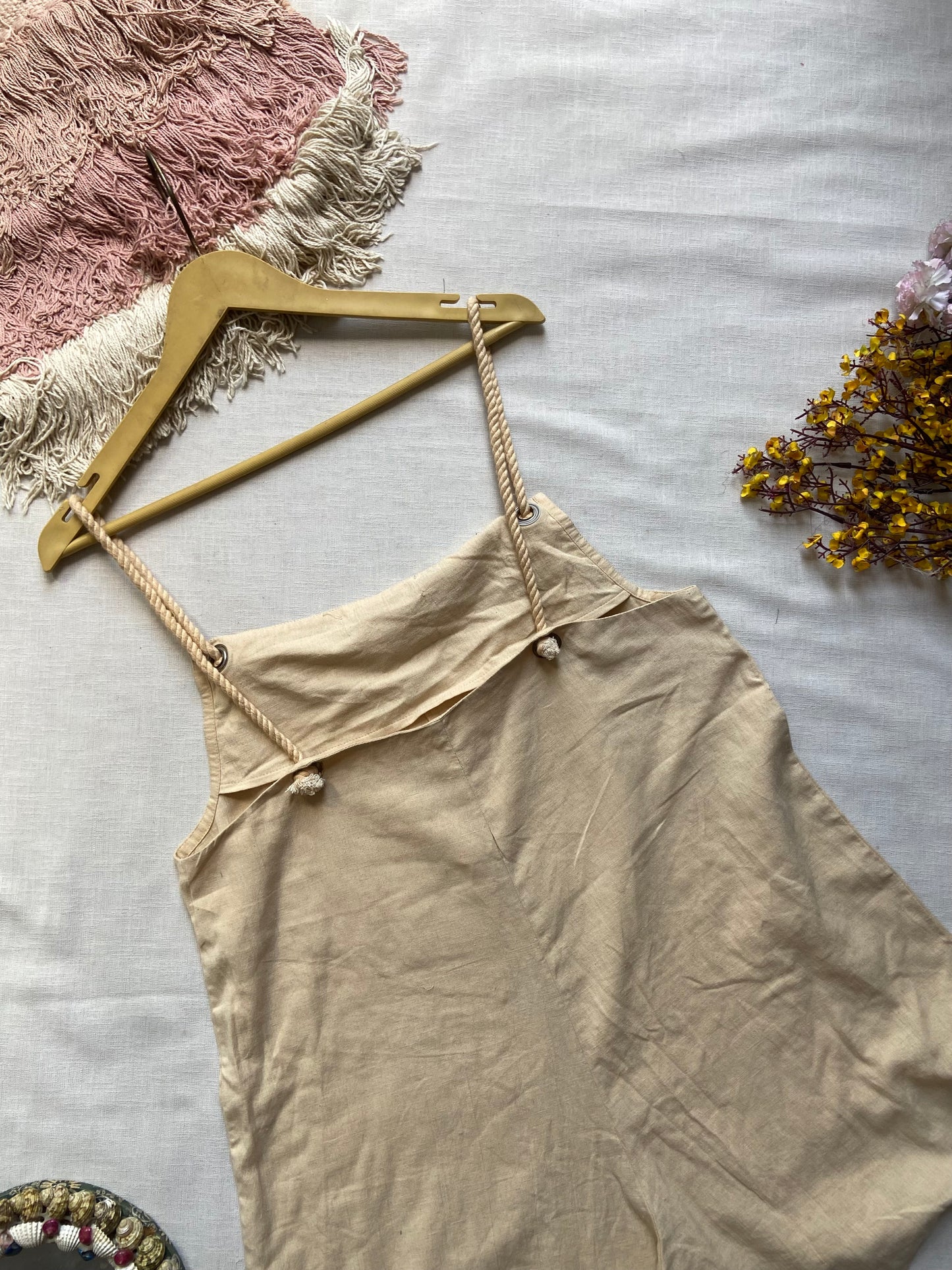 Beige Cotton Linen Playsuit with Rope Straps