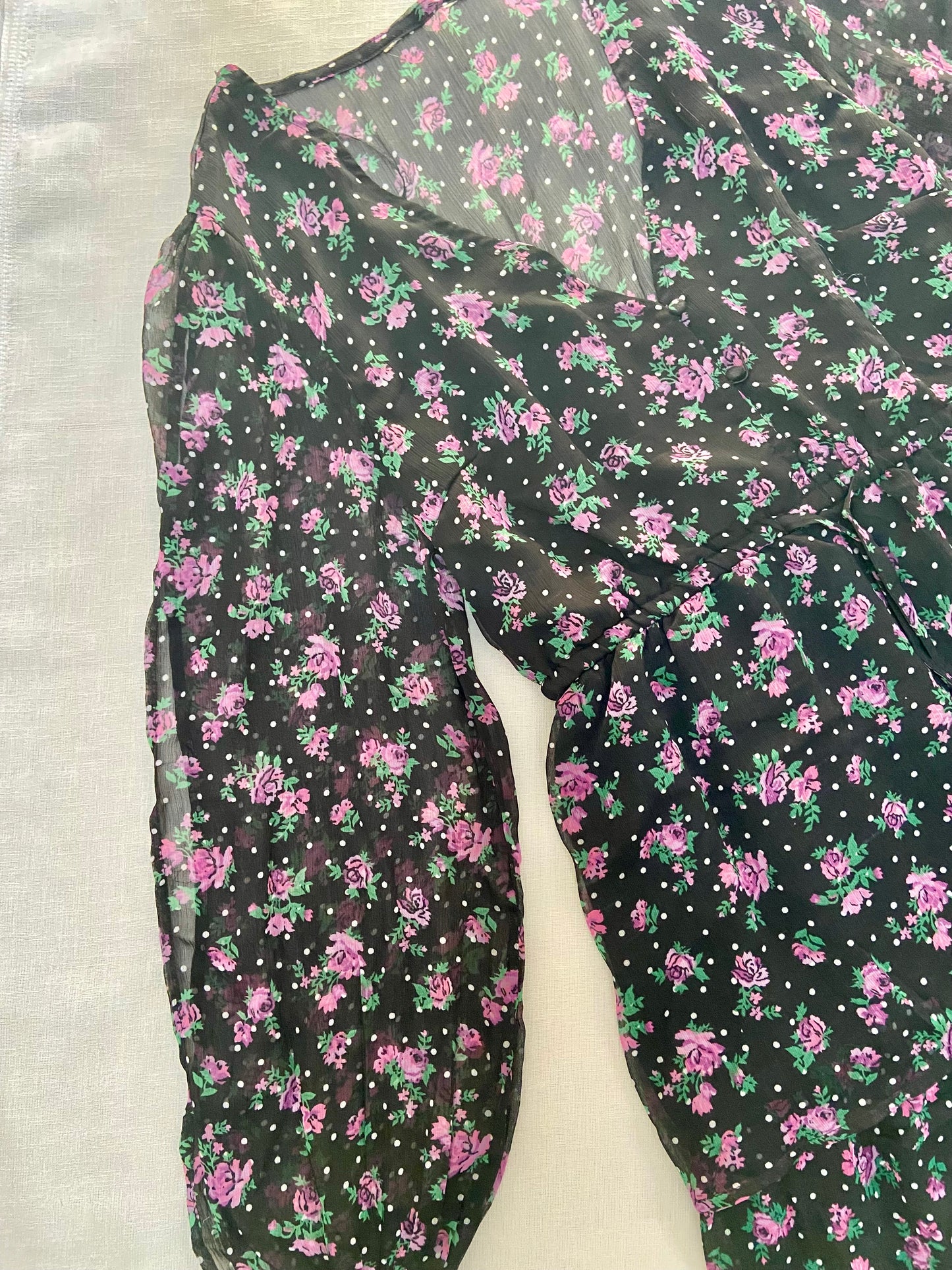 Black Floral Chiffon Midi Dress with Long Sleeves