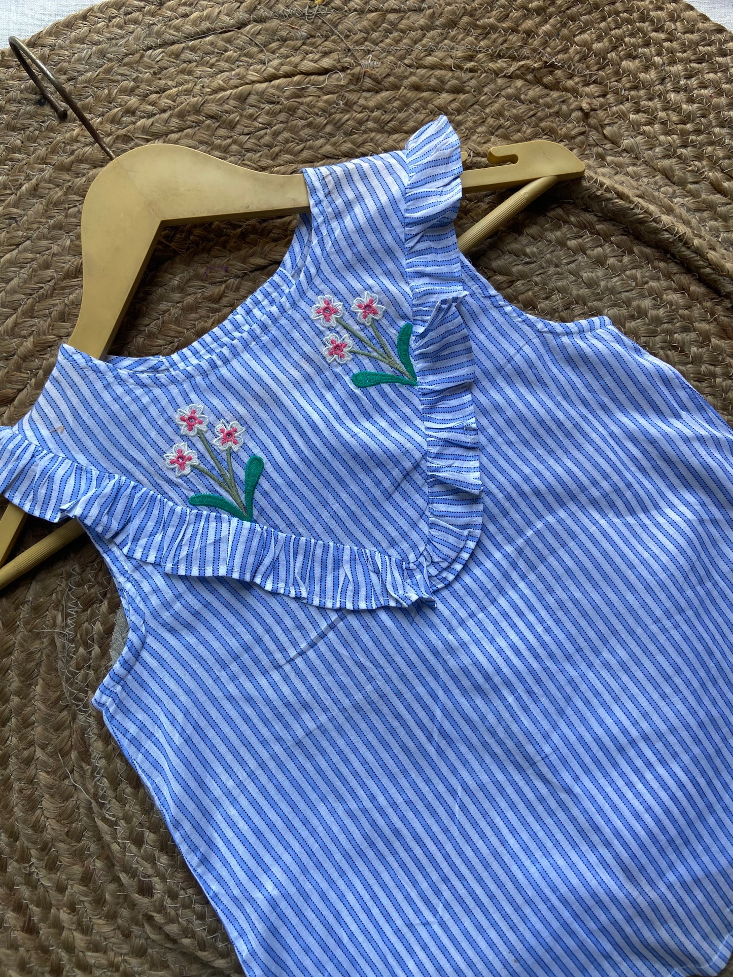 Girls' Blue Striped Sleeveless Cotton Top – Embroidered Floral Detail with Ruffle Neck