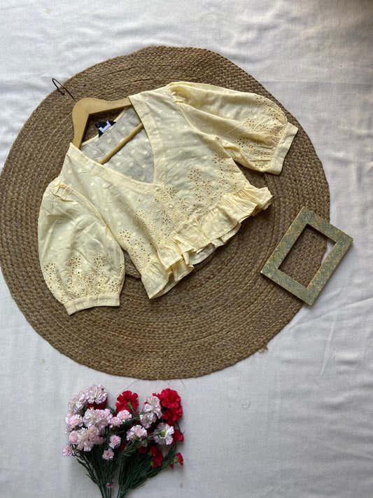 Women's Light Yellow Embroidered Cotton Crop Top – Puff Sleeve with Lace Detailing