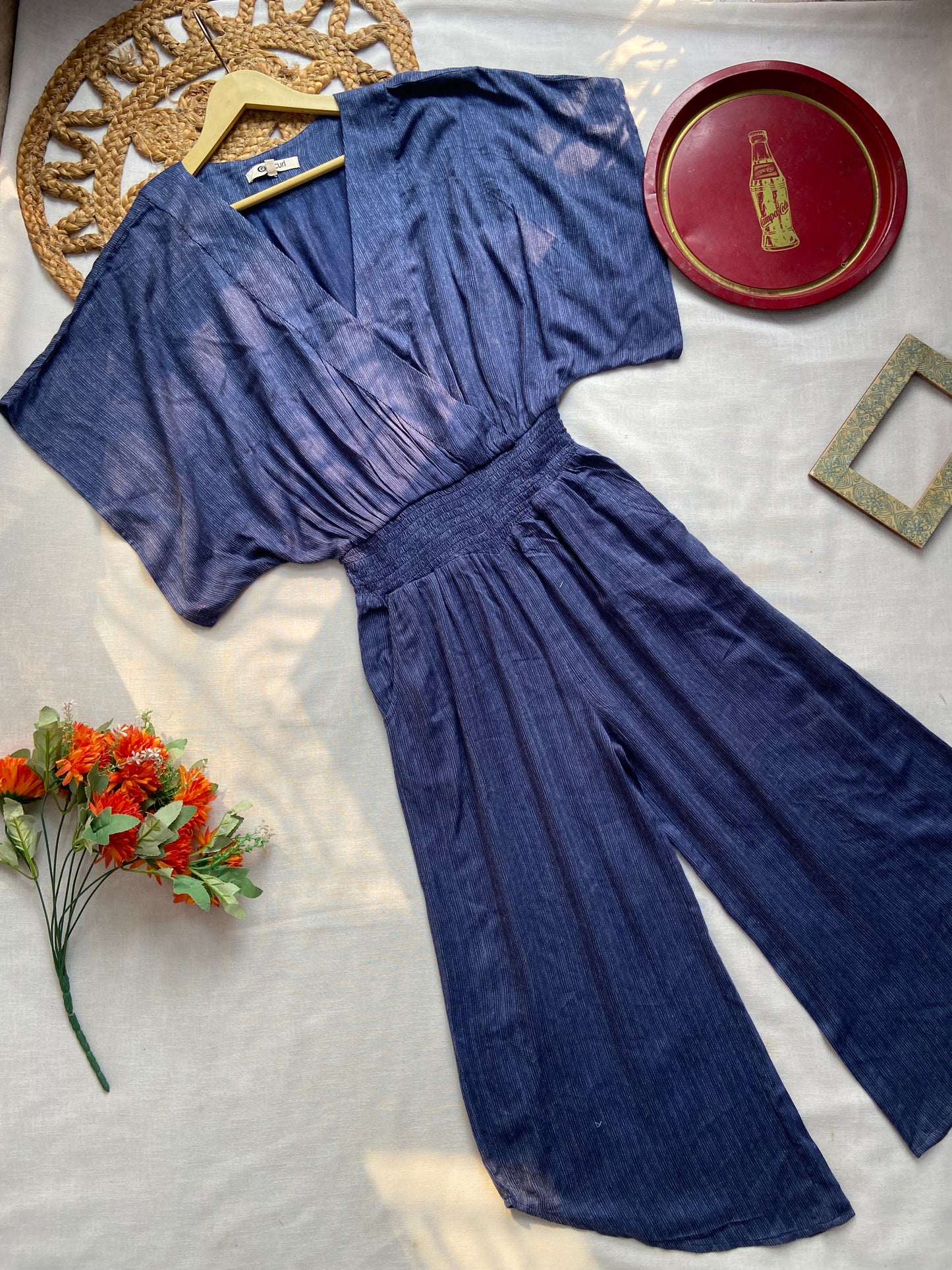 Women’s Blue V-Neck Wide Leg Jumpsuit