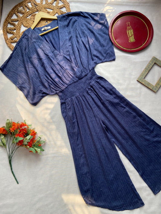 Women’s Blue V-Neck Wide Leg Jumpsuit