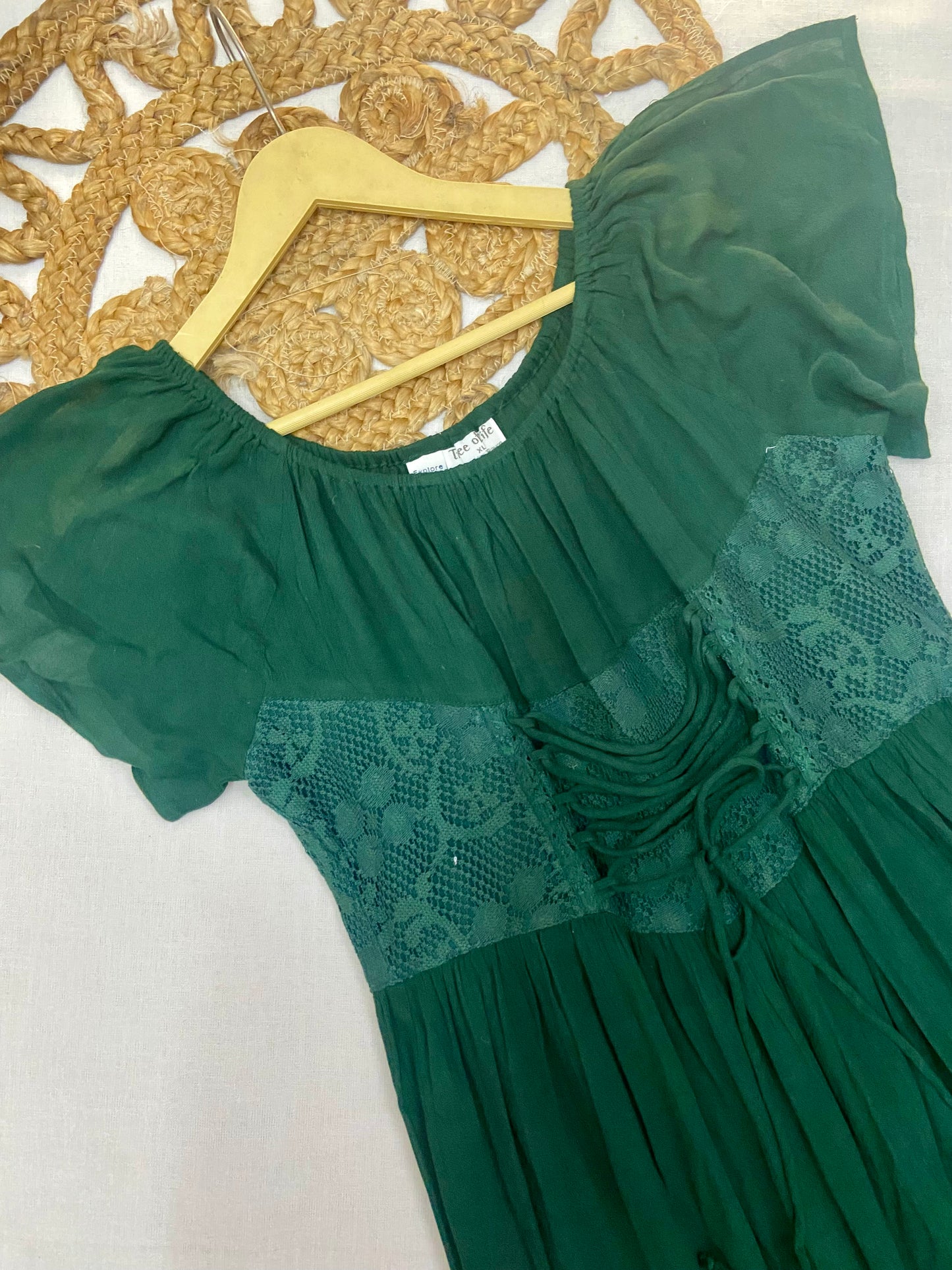 Women’s Dark Green Midi Dress with Lace Detailing