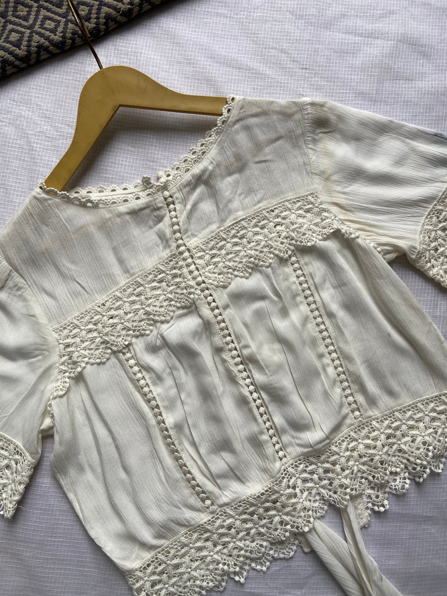 Ivory Boho Lace Trim Crop Top with Tie-Back